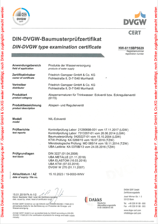 DIN-DVGW-Baumusterprüfzertifikat